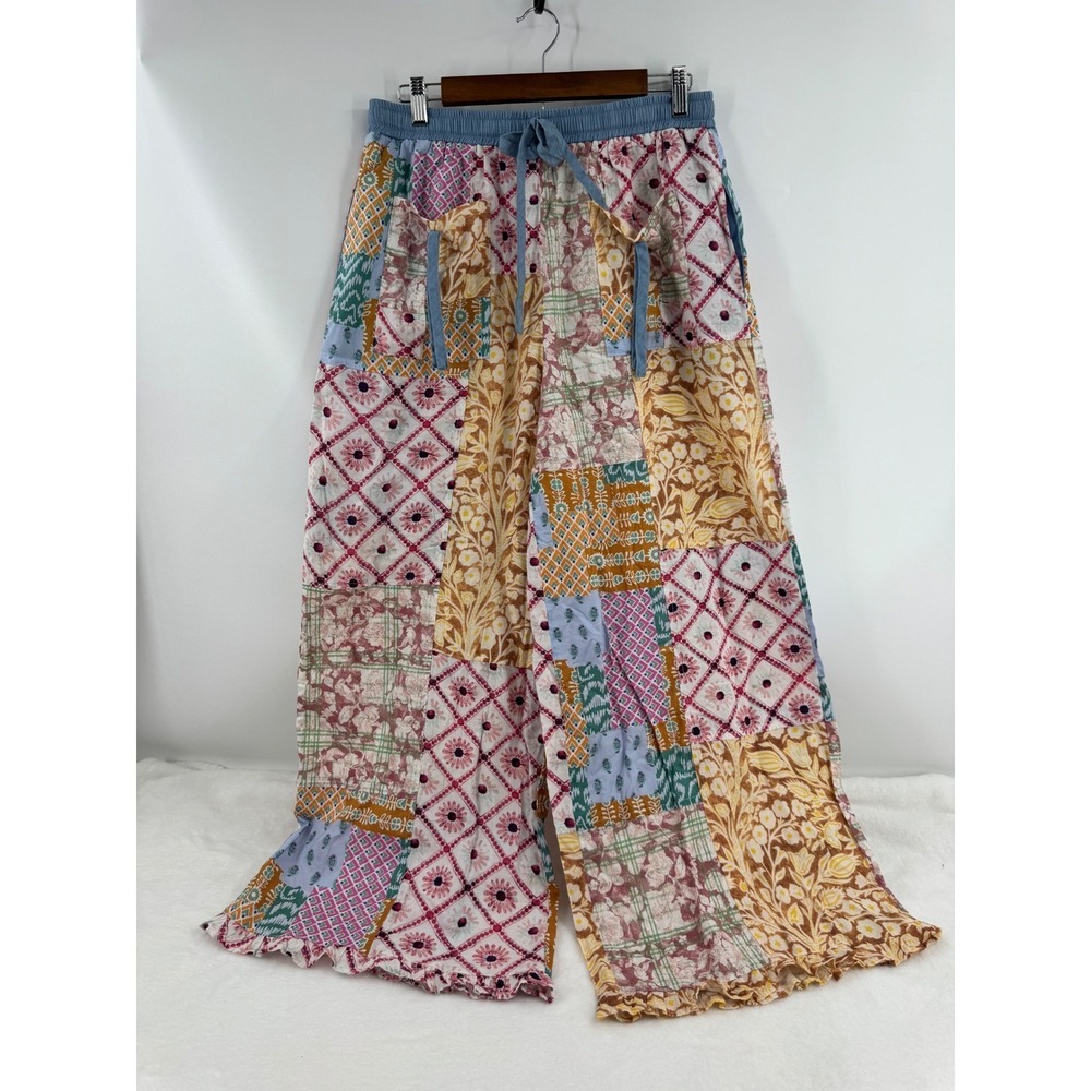 Easel Wide Leg Pants Patchwork Boho Ruffle Hem Flowy